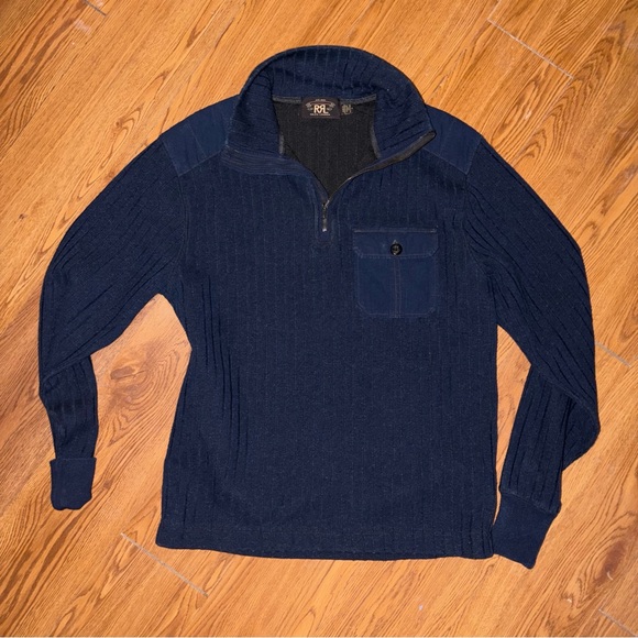 Ralph Lauren Double RL Indigo 1/3 Zip Sweatshirt Ribbed Medium - Picture 3 of 3